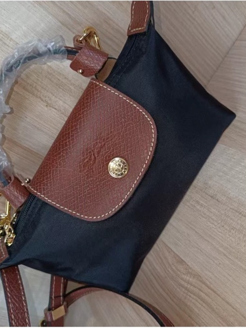 Longchamp Black and Brown Crossbody Bag with Gold Hardware